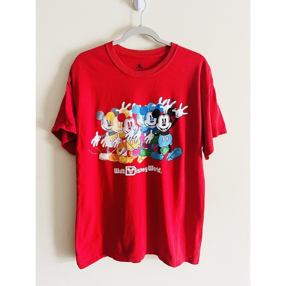 Walt Disney World Mickey Mouse Rainbow Men's L Graphic Red Cotton Tee Shirt
